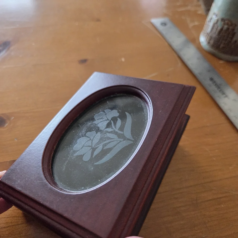 Small Wood Jewelry Box Glass Oval With Etched Flower Top